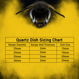 Honeybee Herb Quartz Dish Sizing Chart on yellow background with bee illustration