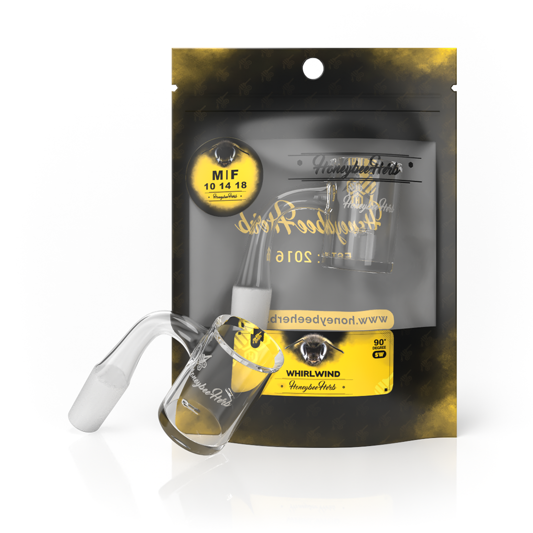 Honeybee Herb Bangers Black Line Whirlwind variant, clear glass, angled view on branded packaging