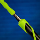 DynaVap SlingStash accessory in neon green, close-up side view on blue backdrop
