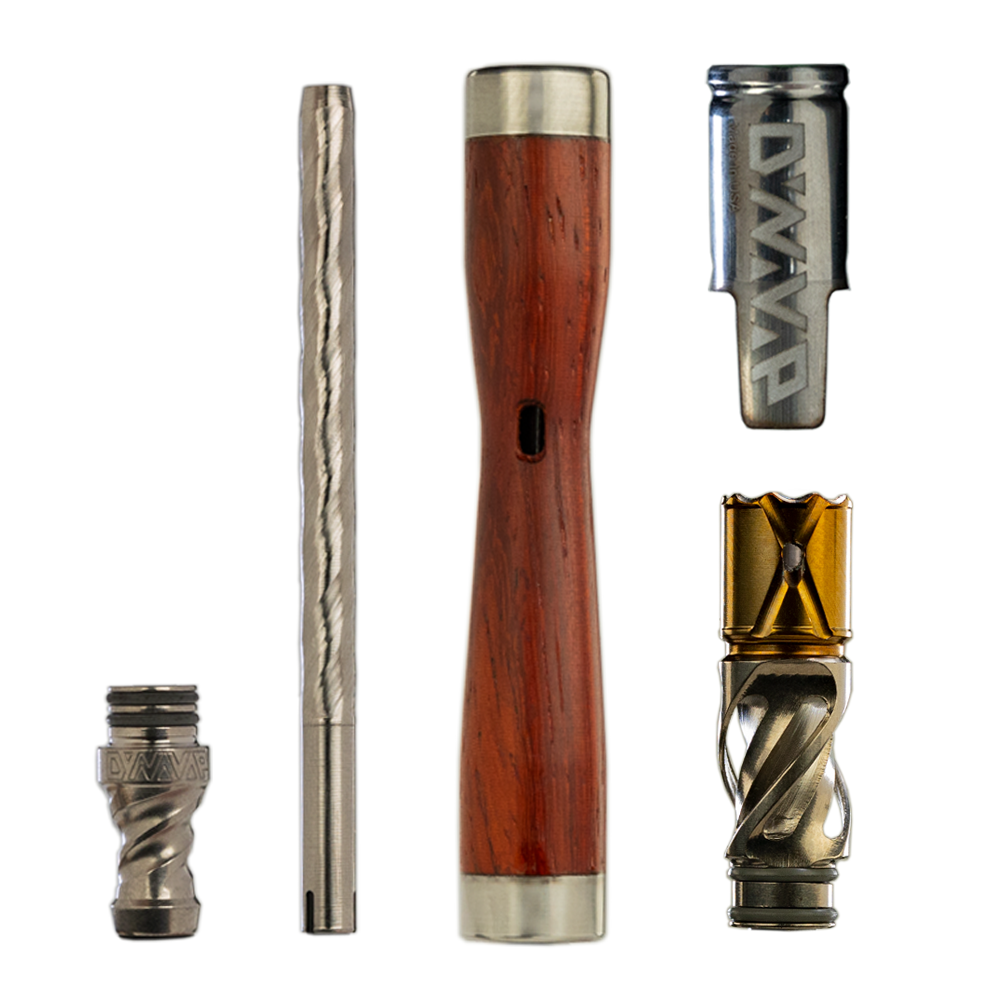 DynaVap The WoodWynd vaporizer with wooden body and metal components, front view