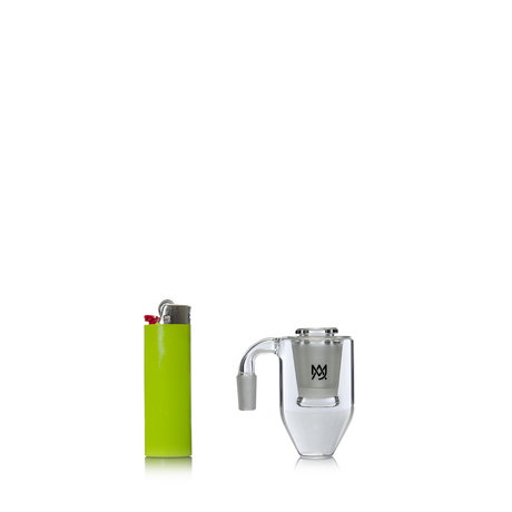 MJ Arsenal Glass Dry Ash Catcher alongside a green lighter, clear view on white background