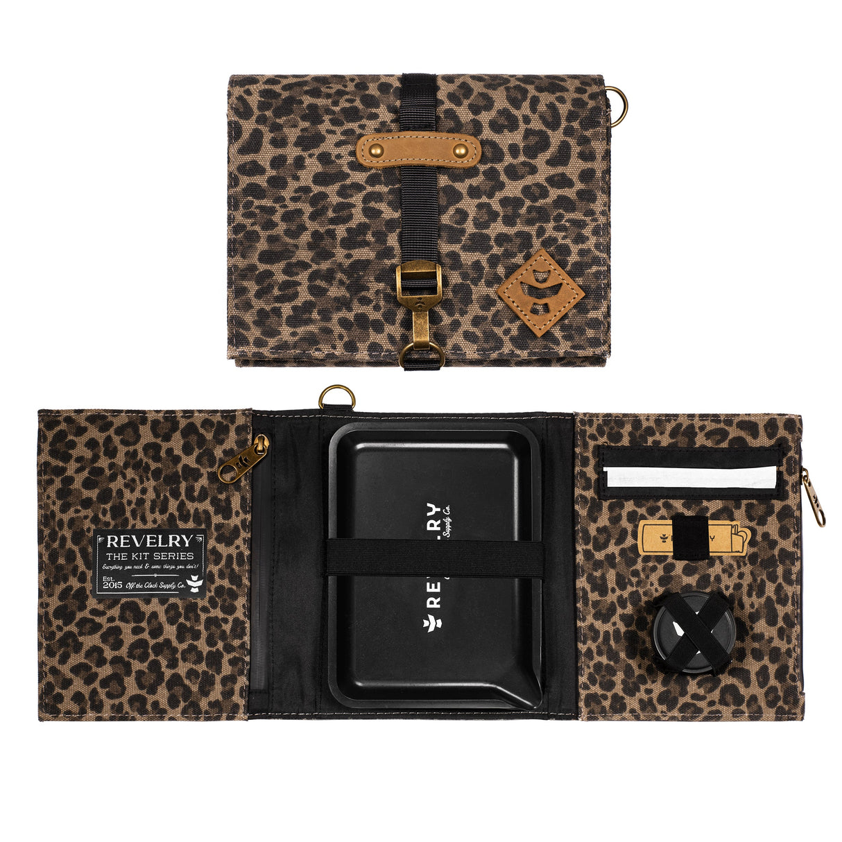 Revelry Supply The Rolling Kit in Leopard Print, Smell Proof Travel Pouch Open and Closed Views