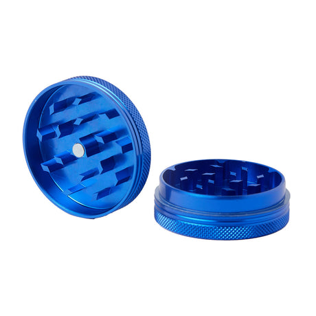 Medusa Customs Flat Grinders in vibrant blue with sharp teeth, perfect for easy herb grinding