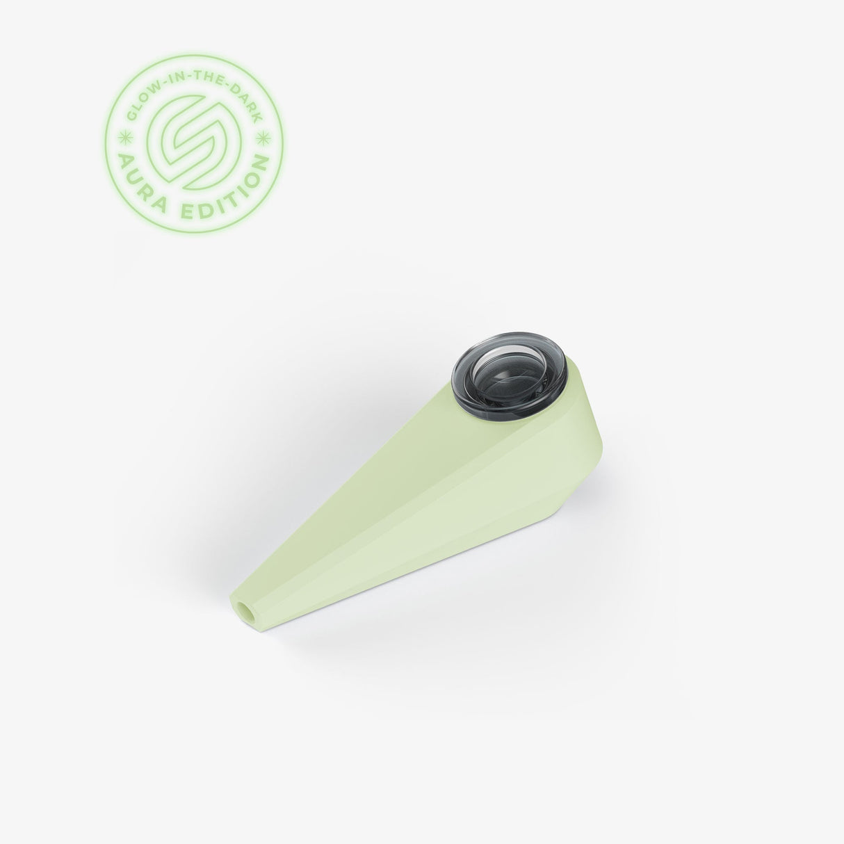 SoftGlass Aura Hand Pipe in pastel green, top view with stainless steel tamper & silicone cover