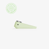 SoftGlass Aura Token Hand Pipe in pastel green, side view, with steel tamper and silicone cover