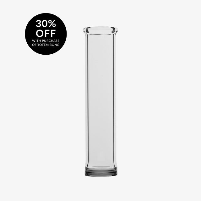 SOFTGLASS Luxe Totem Bong Tube Top, clear glass, front view on seamless white background, 30% off deal