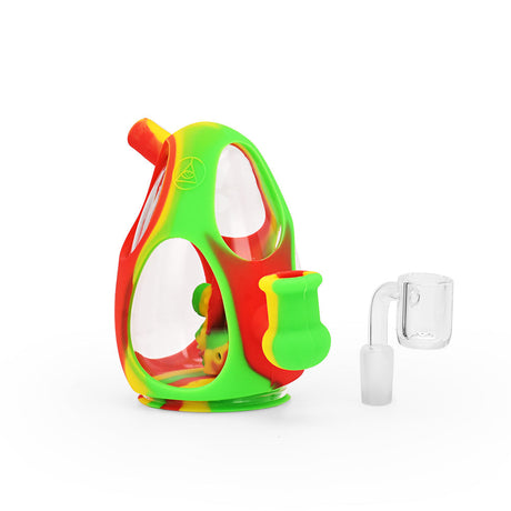 Ritual 5'' Silicone Dino Egg Rig in Rasta colors with quartz banger, front view on white background