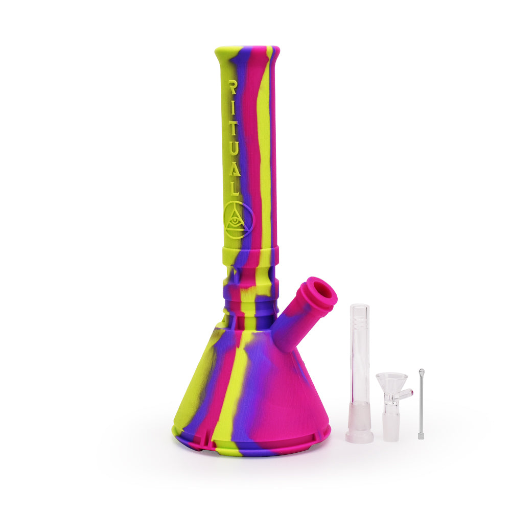 Ritual 12'' Deluxe Silicone Beaker in Miami Sunset colors, front view with accessories