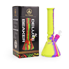 Ritual 12'' Deluxe Silicone Modular Beaker in Miami Sunset colors beside packaging