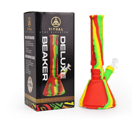 Ritual 12'' Deluxe Silicone Beaker in Rasta colors with packaging, durable & easy to clean