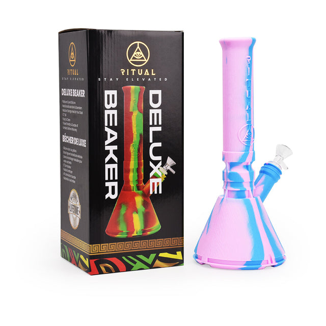 Ritual 12'' Deluxe Silicone Beaker in Cotton Candy colors beside its packaging