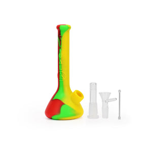 Ritual 7.5'' Deluxe Silicone Mini Beaker in Rasta colors with accessories, front view