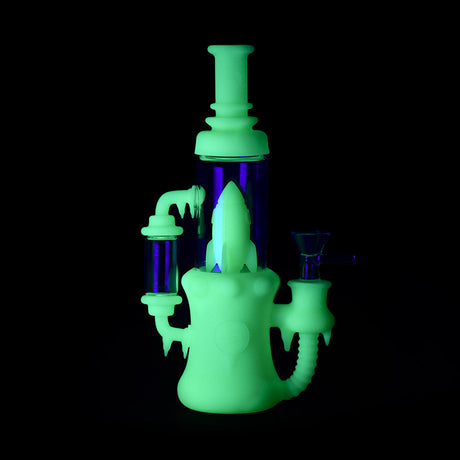 Ritual 8.5'' Silicone Rocket Recycler in UV Titanium White glowing in the dark, front view