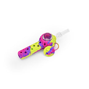 Ritual 4'' Silicone Nectar Spoon in Miami Sunset colors with keychain, angled view on white background