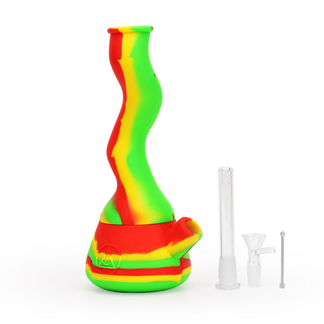 Ritual 10'' Wavy Silicone Beaker in Rasta Colors Front View with Accessories