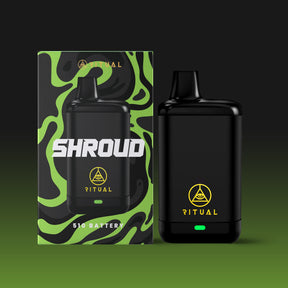 Ritual Shroud 510 Variable Voltage Battery in Black with sleek design, front view next to packaging