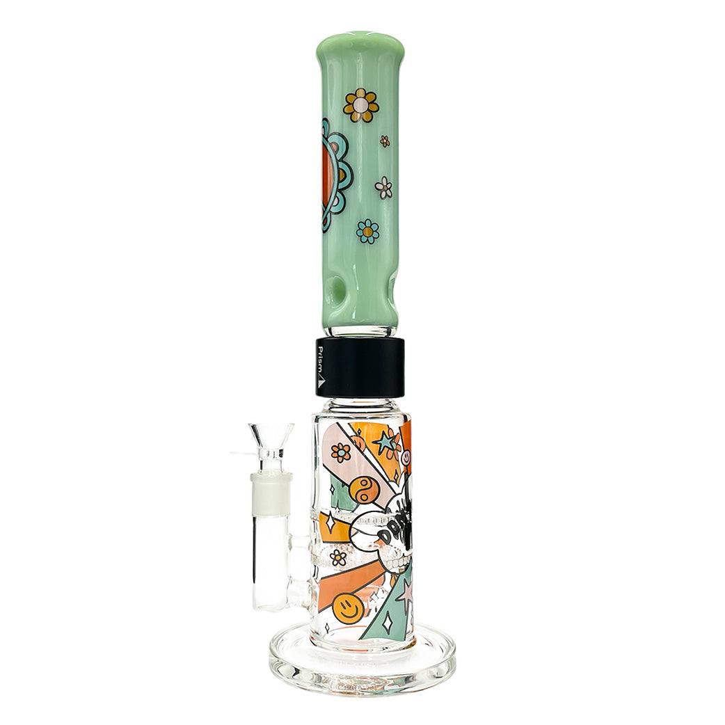 Prism FLOWER POWER BIG HONEYCOMB SINGLE STACK bong with artistic design, front view on white background