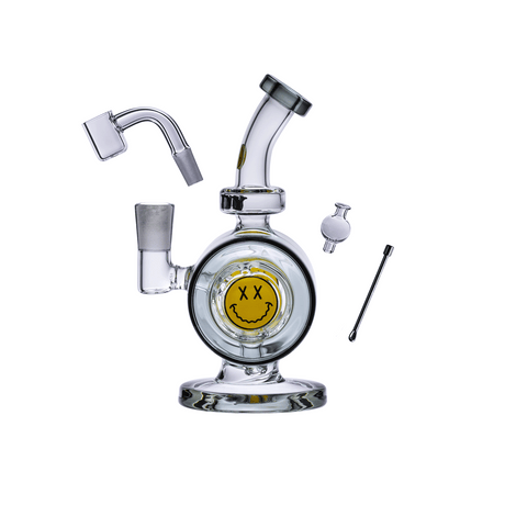 Goody Glass Spin Cycle Mini Dab Rig Kit in Smoke variant, front view, with accessories