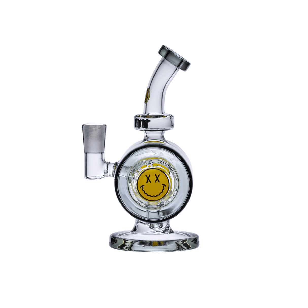 Goody Glass Spin Cycle Mini Dab Rig Kit with smiley design, front view on white background
