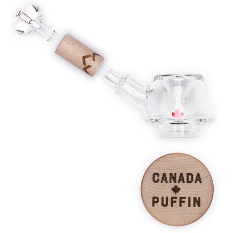Canada Puffin Stone Spoon Pipe with wooden detail and maple leaf emblem, top view