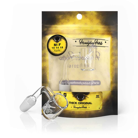 Honeybee Herb Banger with Flat Top, 14MM-90 Degree Female Joint, on Yellow Packaging