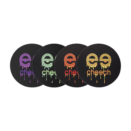 Assorted Cheech Glass 8" Dab Pads with colorful skull designs, front view on a seamless black background