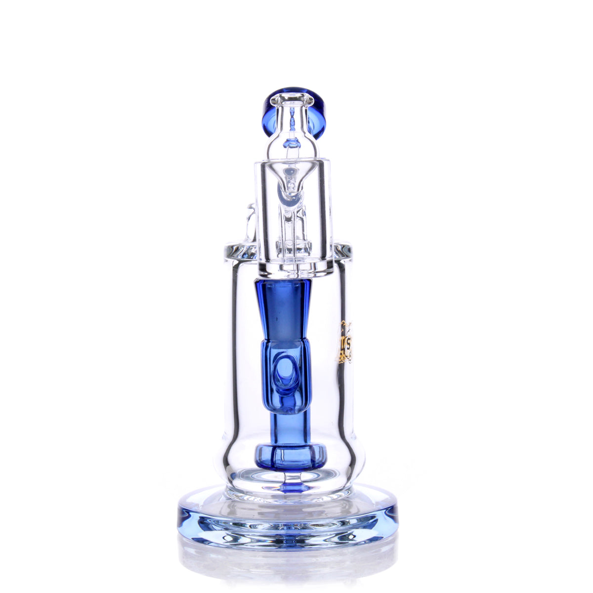 TerpDroid Mini Rig in blue borosilicate glass with showerhead percolator, front view on white background