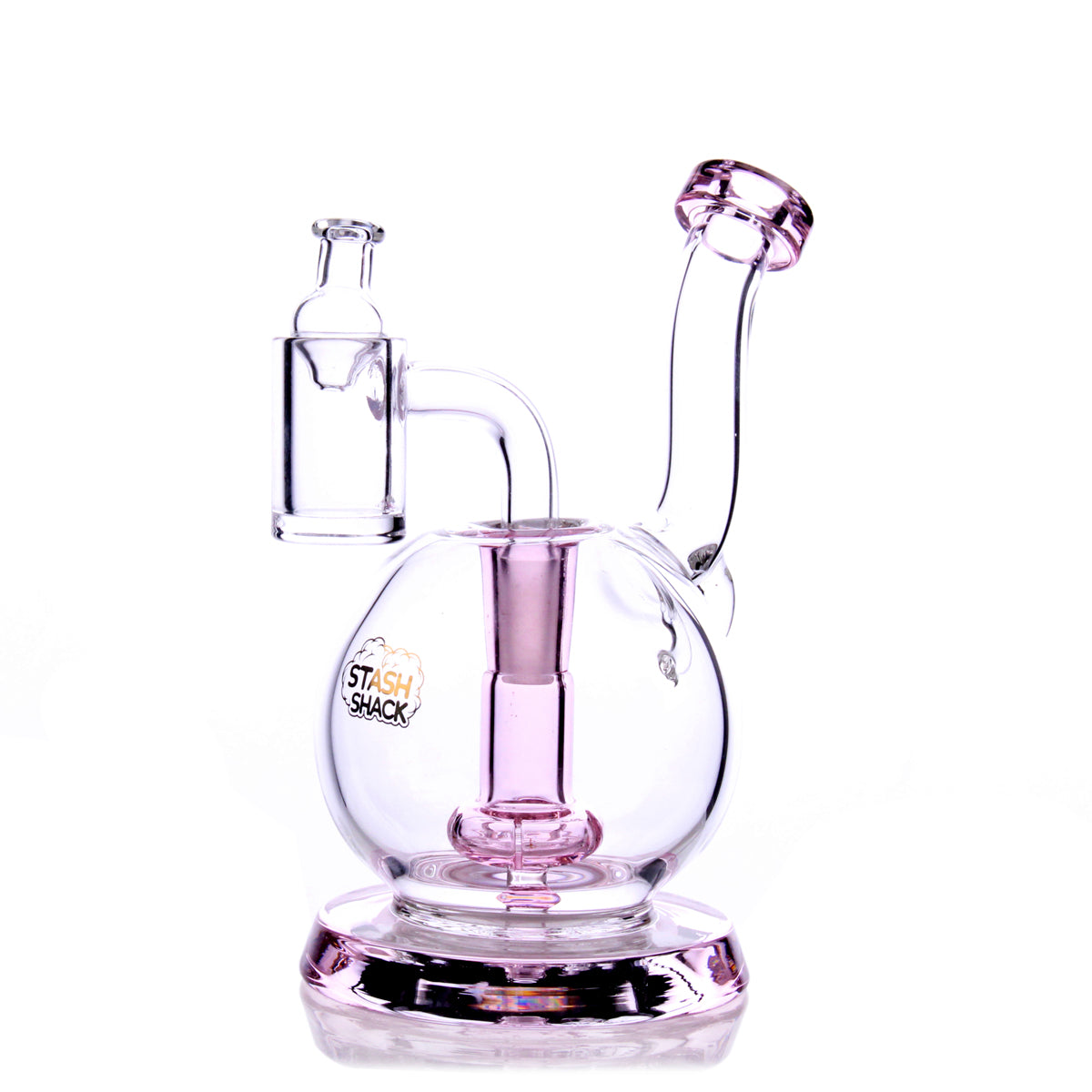 TerpGlobe Mini Rig by The Stash Shack, 5" pink borosilicate glass with showerhead percolator, front view