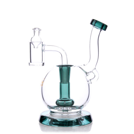 TerpGlobe Mini Rig in Teal - 5" Tall Borosilicate Glass Dab Rig with Showerhead Percolator, 90 Degree Joint - Front View