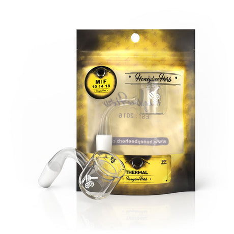 Honeybee Herb Thermal Quartz Banger at 90° angle, clear flat top design, in retail packaging