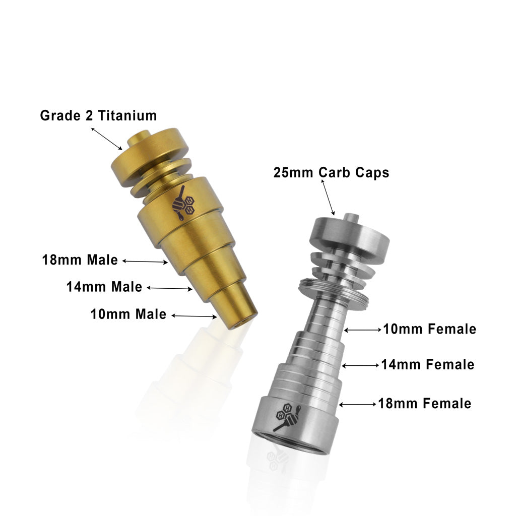 Honeybee Herb Titanium 6 in 1 Dab Nail, gold and silver variants with size labels