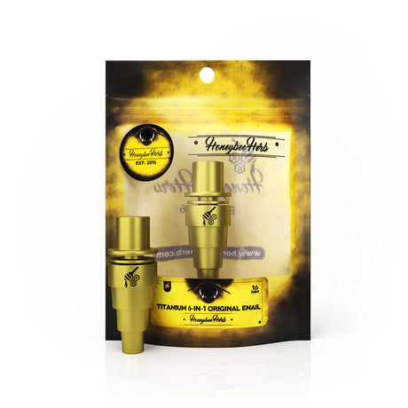 Honeybee Herb Titanium 6 in 1 Original E-Nail Dab Nail in Gold, 16mm, front view on branded packaging