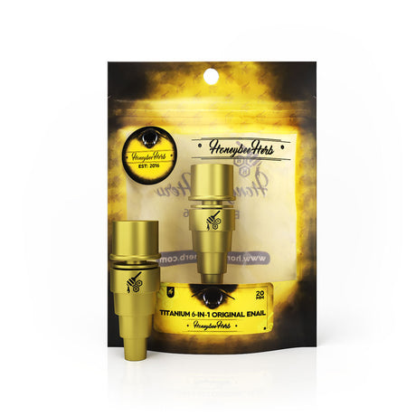 Honeybee Herb Titanium 6 in 1 E-Nail Dab Nail in Gold, 20mm, front view on branded packaging