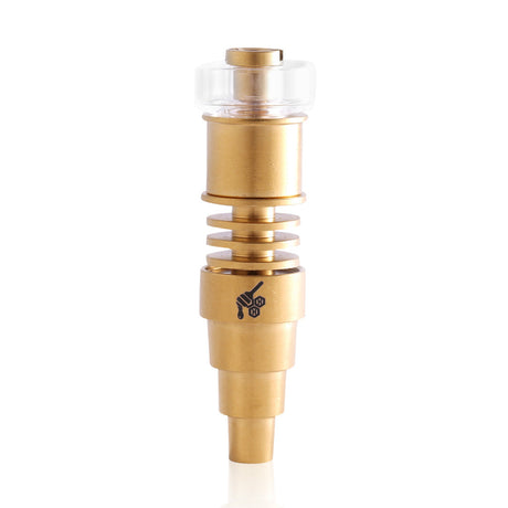 Honeybee Herb Titanium 6 in 1 Hybrid Dab E-Nail in Gold, front view, for various joint sizes
