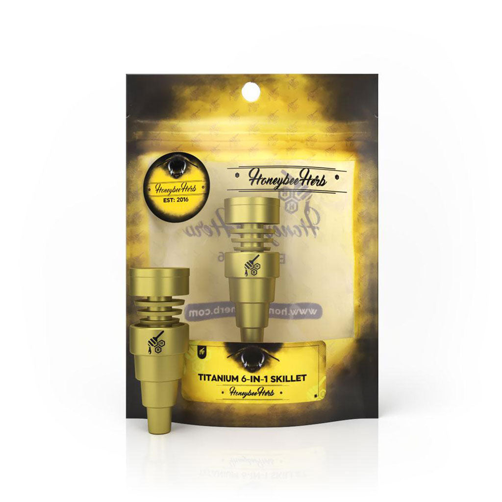 Honeybee Herb Titanium 6 in 1 Skillet Dab Nail, versatile design, gold variant, front view on branded packaging