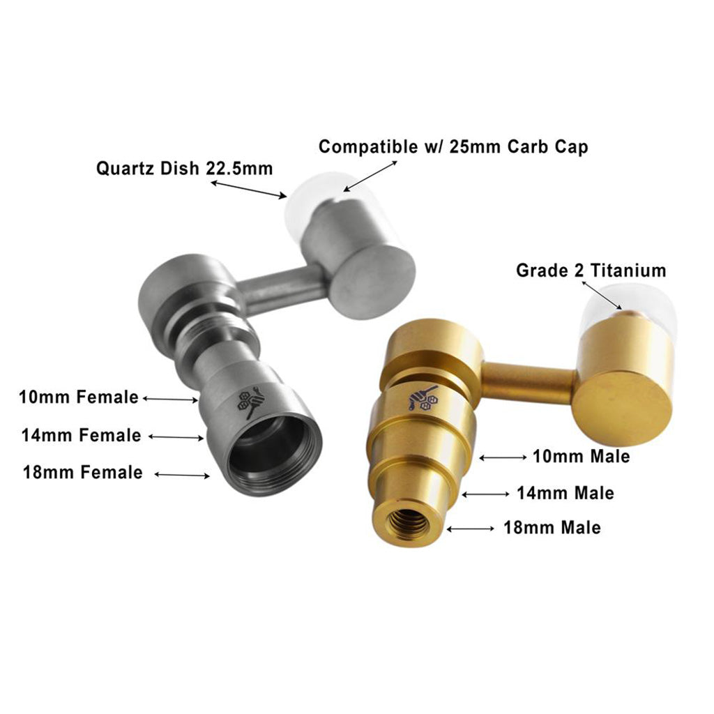 Honeybee Herb Titanium 4 in 1 Sidecar Hybrid Banger for Dab Rigs, showing both silver and gold variants
