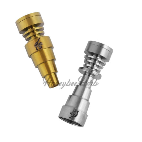 Honeybee Herb Titanium 6 in 1 Skillet Dab Nail in gold and silver variants, top view on white background