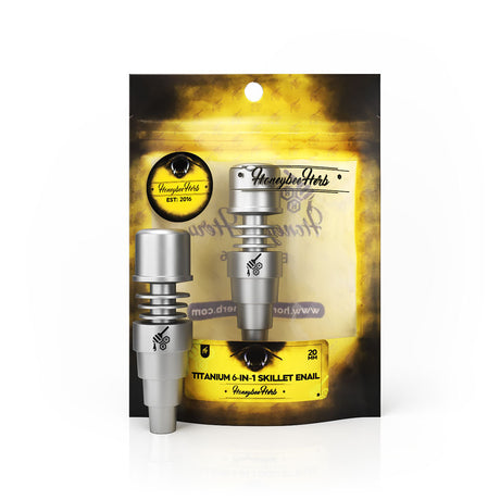 Honeybee Herb Titanium 6-in-1 Skillet E-Nail, versatile dab nail in silver, 20mm size, front view on packaging