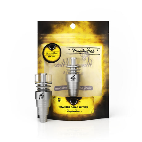 Honeybee Herb Titanium 6-in-1 Hybrid Dab Nail in Silver, versatile for e-rigs and dab rigs, front view on packaging