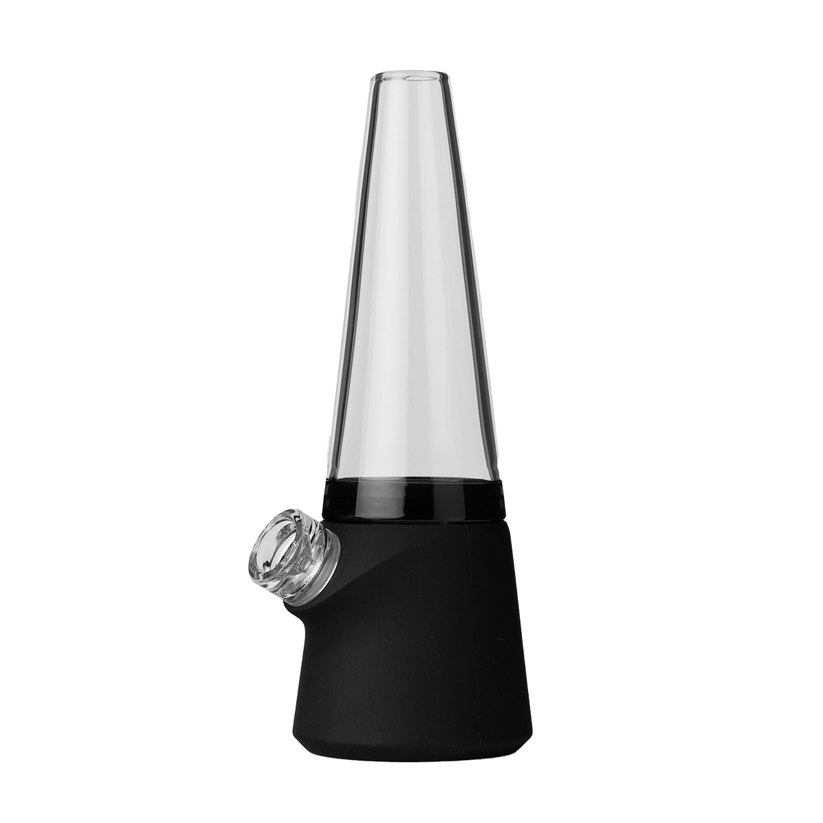 SOFTGLASS Modular Totem Bong, clear and black design with silicone base, front view on seamless white background