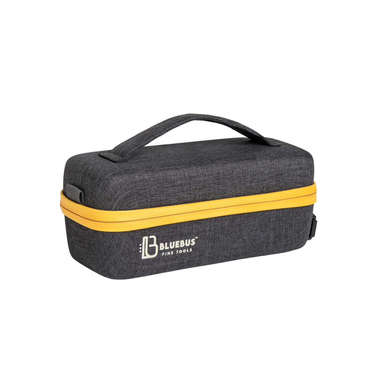 BULLDOG Smell Proof Stash Bag by Blue Bus, compact black case with yellow zipper, front view