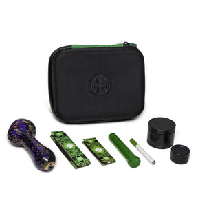 The Very Happy Kit in Black with glass pipe, grinder, and accessories on white background