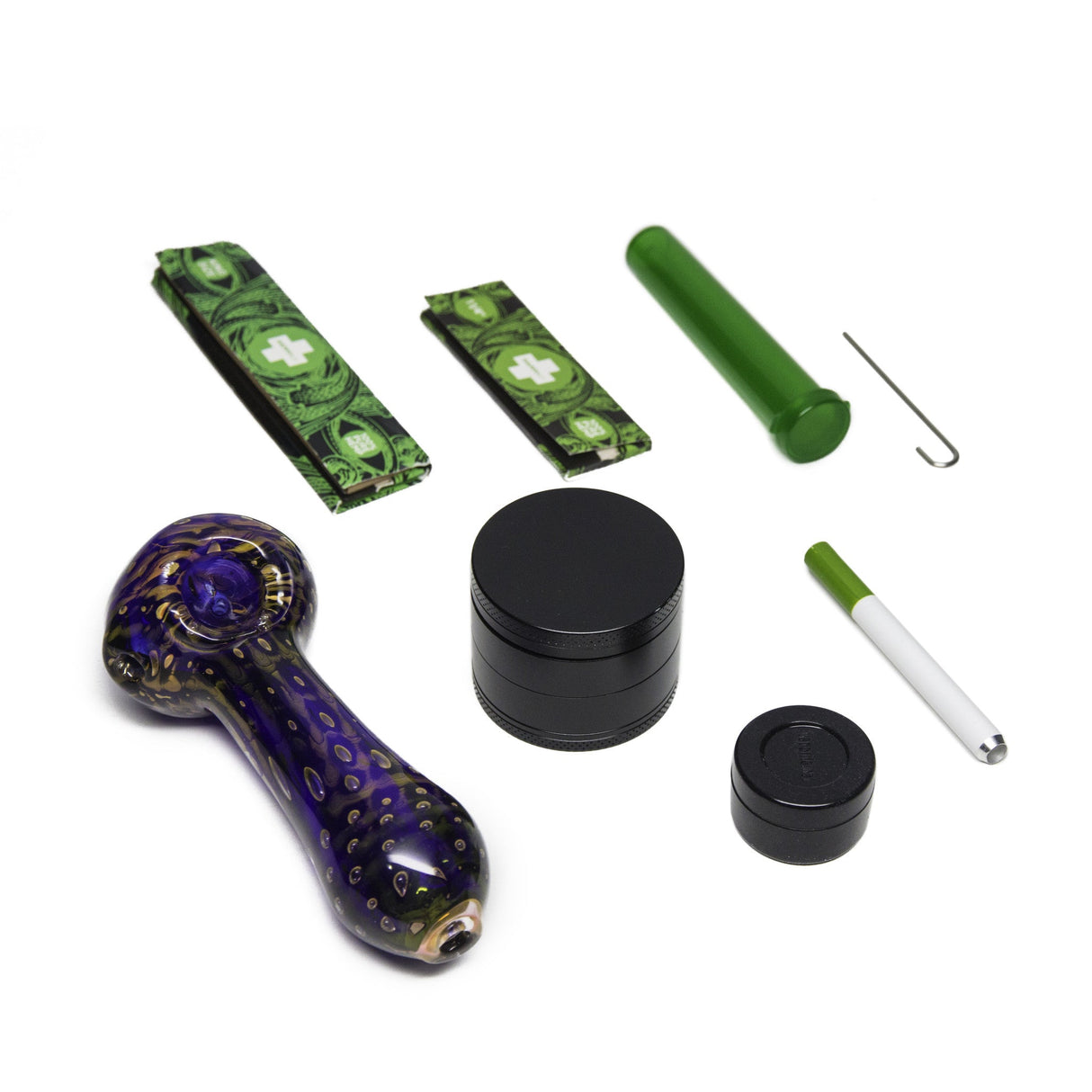 The Very Happy Kit by Happy Kit with glass pipe, grinder, doob tubes, and one-hitter - top view