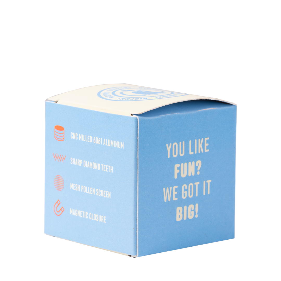 BigFun! Compact 2" Aluminum Grinder packaging box with product features listed