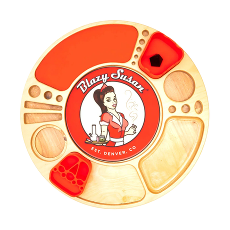 Blazy Susan Birch-Red Spinning Rolling Tray with multiple compartments, top view