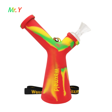 Waxmaid Mr. Y Silicone Water Pipe in Rasta colors, front view with removable bowl