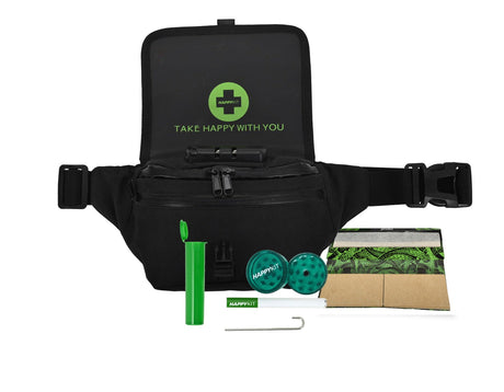 Happy Kit Happy Pack flower in black, complete with storage pouch and smoking accessories