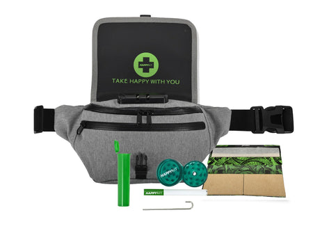 Happy Kit - Happy Pack flower set in gray with portable case, grinder, lighter, and papers