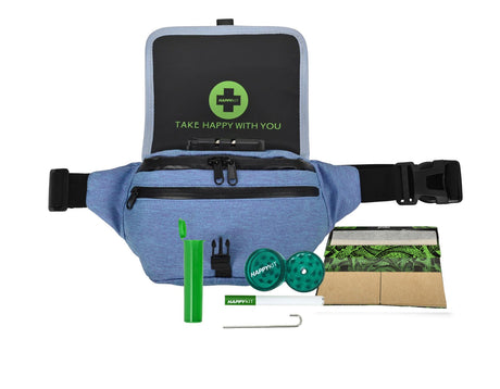 Happy Kit - Blue Happy Pack flower set with portable pouch, grinder, lighter, and papers