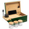GENESIS Storage Stash Box by Blue Bus with 4-part grinder, jars, and tray, open view on white background